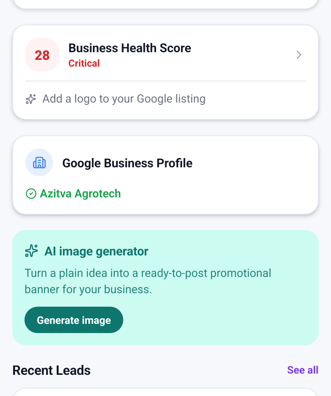 EPromo dashboard cards: a Business Health Score of 28 rated Critical with the next suggested action, a connected Google Business Profile, and the AI image generator for promotional banners.