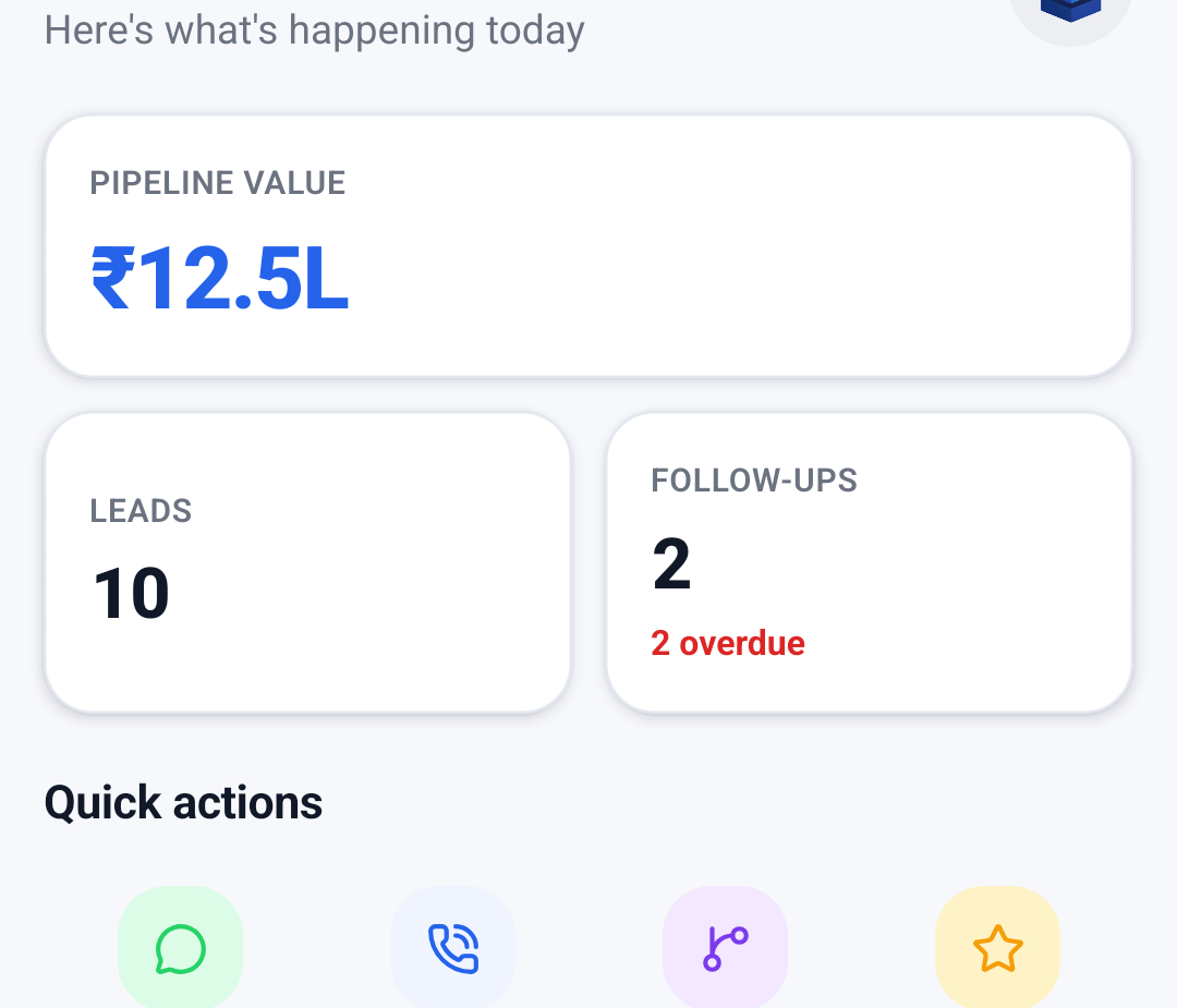 EPromo dashboard tiles showing pipeline value, open leads, overdue follow-ups and the quick-actions row.